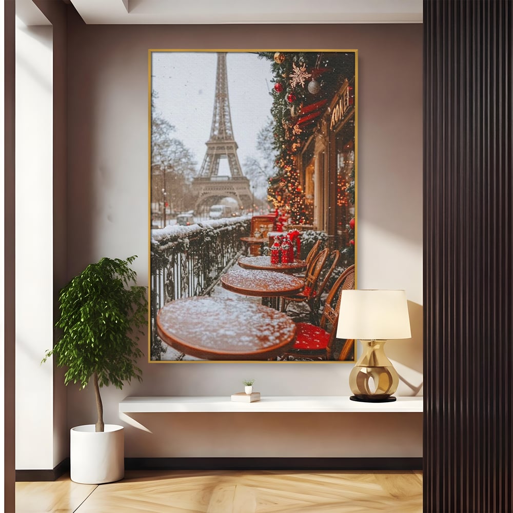 Tablou canvas cu tablou canvas cu turnul eiffel iarna, in rama de aluminiu auriu